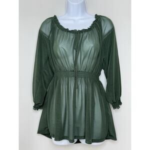 Forest Fairy Sheer Women’s Top M Green Milkmaid Ruffle Smocked Waist Coquette